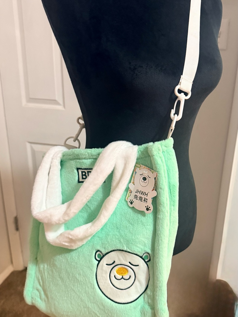Cute Mint Plush Bear Crossbody Bag with White Handles